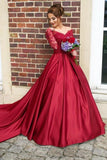 Long Sleeves Off the Shoulder Burgundy Sweetheart Satin Lace Ball Gown Prom Dresses UK RJS435 Rjerdress