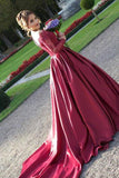 Long Sleeves Off the Shoulder Burgundy Sweetheart Satin Lace Ball Gown Prom Dresses UK RJS435