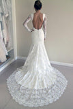 Long Sleeves Open Back Lace Appliques Scoop Mermaid Long Beach Wedding Dresses Rjerdress