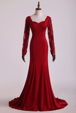 Long Sleeves Prom Dresses Spandex Mermaid With Applique Burgundy/Maroon Rjerdress