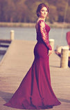 Long Sleeves Prom Dresses Spandex Mermaid With Applique Burgundy/Maroon Rjerdress