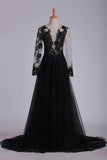 Long Sleeves Prom Dresses With Slit And Applique Tulle Rjerdress
