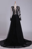 Long Sleeves Prom Dresses With Slit And Applique Tulle Rjerdress