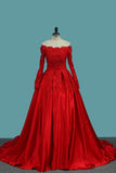 Long Sleeves Satin Ball Gown Off The Shoulder Party Dresses With Applique Sweep Train