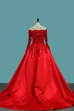 Long Sleeves Satin Ball Gown Off The Shoulder Party Dresses With Applique Sweep Train Rjerdress