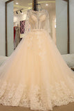 Long Sleeves Scoop Neck Bridal Dresses A Line With Beading Court Train Tulle Lace Up