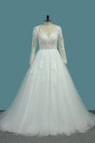 Long Sleeves Scoop Tulle A Line Bridal Dresses With Applique Court Train Rjerdress