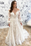 Long Sleeves Scoop Tulle With Applique A Line Court Train Wedding Dresses Rjerdress