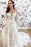 Long Sleeves Scoop Tulle With Applique A Line Court Train Wedding Dresses Rjerdress