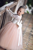 Long Sleeves Tulle Scoop Flower Girl Dresses With Bowknot And Lace
