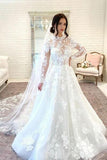 Long Sleeves Tulle Wedding Dresses Appliques High Neck