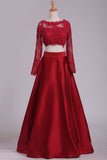 Long Sleeves Two-Piece Bateau Party Dresses Floor Length Satin Rjerdress