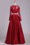 Long Sleeves Two-Piece Bateau Party Dresses Floor Length Satin Rjerdress
