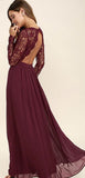 Long Sleeves V-Neck Lace Chiffon Open Back Floor-Length A-Line Burgundy Bridesmaid Dress Rjerdress
