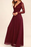 Long Sleeves V-Neck Lace Chiffon Open Back Floor-Length A-Line Burgundy Bridesmaid Dress Rjerdress