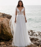 Long Sleeves V Neck Wedding Dresses Beautiful Tulle Beach Bride Dresses