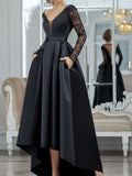 Long Sleeves V-neck High Low Black Prom Dress