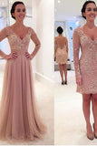 Long Sleeves V-neck Tulle Prom Dress with Detachable Train dusty pink sexy prom dress PD210187 Rjerdress