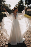 Long Sleeves Wedding Dresses A Line Chiffon With Puff Sleeves Rjerdress
