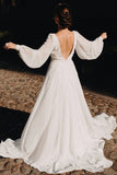 Long Sleeves Wedding Dresses A Line Chiffon With Puff Sleeves Rjerdress