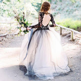 Long Sleeves Wedding Dresses Black Appliques Bride Dresses Tulle Rjerdress