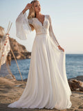 Long Sleeves White Lace Chiffon Wedding Dresses V Neck Beach Wedding Dress Bridal Gowns Rjerdress