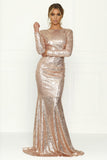 Long sleeve mermaid Rose Gold sequin prom dresses Backless sexy Rjerdress