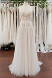 Lovely Lace Appliques Sleeveless Long Chiffon Beach Wedding Dresses Rjerdress