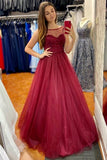 Luxurious A-Line Round Neck Red Long Prom Dress with Beadings