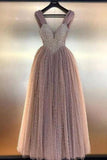 Luxurious A Line V Neck Backless Blush Tulle Long Prom Dresses with Straps Beading H1133 Rjerdress
