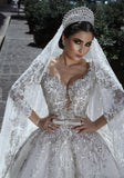 Luxurious Ball Gown Sweetheart Long Sleeve Lace Appliques Tulle Long Wedding Dresses Rjerdress