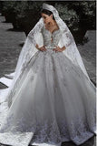 Luxurious Ball Gown Sweetheart Long Sleeve Lace Appliques Tulle Long Wedding Dresses Rjerdress