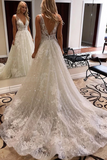 Luxurious Ball Gown V Neck Open Back Ivory Lace Wedding Dresses,Sequins Beach Bride Dresses Rjerdress