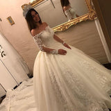 Luxurious Ball Gown Wedding Dresses Long Sleeves Boat Neck Tulle With Applique Rjerdress