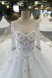 Luxurious Bridal Dresses Scoop Neck  With Appliques And Sequins Lace Up Long Sleeves