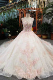 Luxurious Floral Bridal Dresses Scoop Neck  With Appliques And Sequins Lace Up Rjerdress