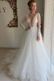 Luxurious Lace Long Sleeves Jewel Neck Layers A Line Wedding Dresses Rjerdress