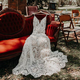 Luxurious Lace Spaghetti Straps Wedding Dresses Mermaid Straps Court Train Rjerdress