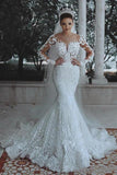 Luxurious Long Sleeve Lace Wedding Dresses Mermaid Beads Lace Appliques Wedding Gowns