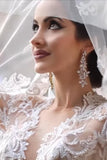 Luxurious Long Sleeves Scoop A Line Lace Wedding Dresses With Pearls Royal Train Rjerdress