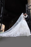 Luxurious Long Sleeves Scoop A Line Lace Wedding Dresses With Pearls Royal Train Rjerdress