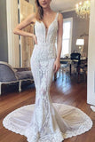 Luxurious Mermaid Lace Ivory V Neck Wedding Dresses, Backless Straps Wedding Dresses RJS15522