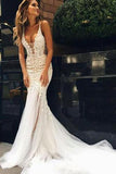 Luxurious Mermaid Long V-neck Wedding Dress with Open Back RJS544 Rjerdress