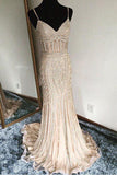 Luxurious Mermaid Spaghetti Straps V-Neck Sparkly Open Back Prom Dress Party Dress RJS467