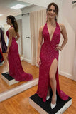 Luxurious Red Mermaid Long Sexy Backless Sequin V-Neck Sleeveless Prom Dresses Rjerdress