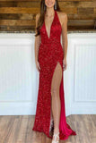 Luxurious Red Mermaid Long Sexy Backless Sequin V-Neck Sleeveless Prom Dresses