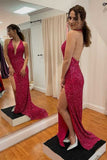Luxurious Red Mermaid Long Sexy Backless Sequin V-Neck Sleeveless Prom Dresses Rjerdress