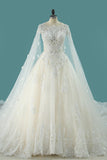 Luxurious Scoop Bridal Dresses A Line Tulle With Appliques And Beading Royal Train