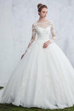 Luxurious Scoop Neck Beaded Appliques Ball Gown Wedding Dresses With Long Sleeves