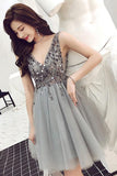 Luxurious Sequins Beaded V Neck Tulle Short V Back Gray Prom Dress Homecoming Dress RJS762